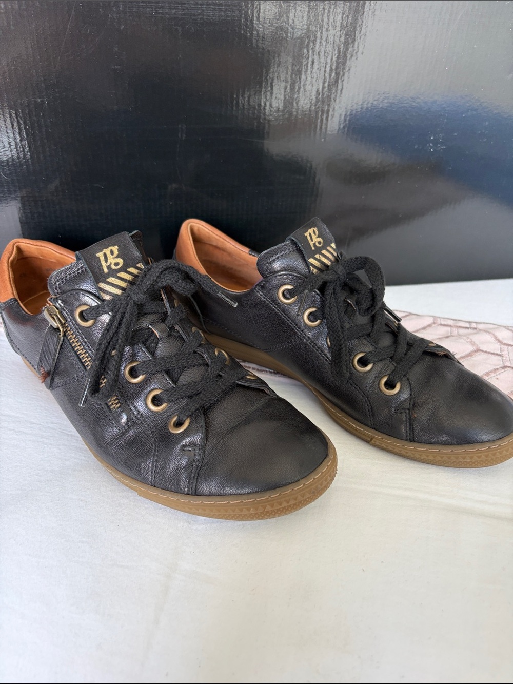 Paul Green Black Leather Sneakers with Brown Trim and Gold Details
